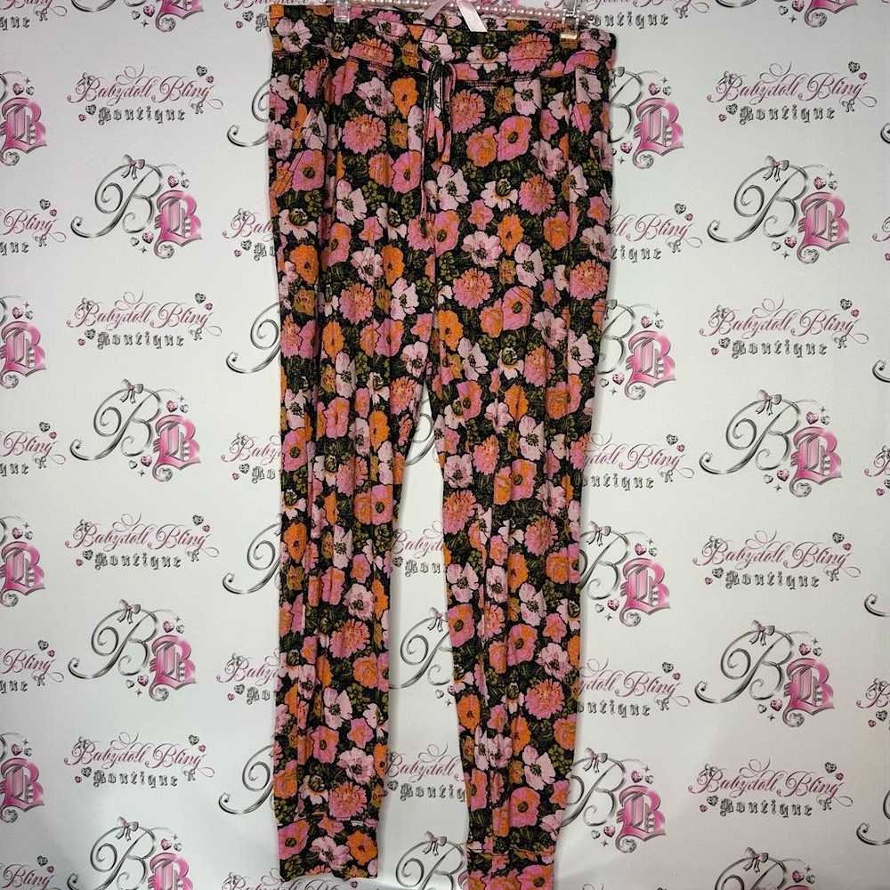 BP pants floral flowers pink orange black green yellow jogger sweatpants pockets